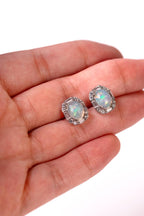 Oval Natural White Opal Stud Earrings – Platinum - Plated Silver | She is Opalin Collection - Yadman Emarati