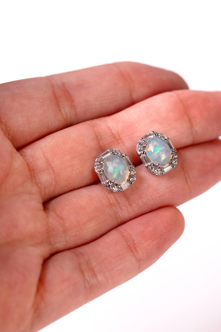 Oval Natural White Opal Stud Earrings – Platinum - Plated Silver | She is Opalin Collection - Yadman Emarati