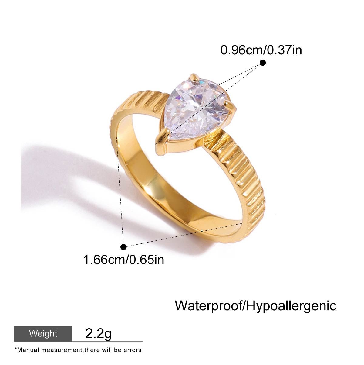 Gold ring with a clear gemstone, showing measurements and product details on a white background.