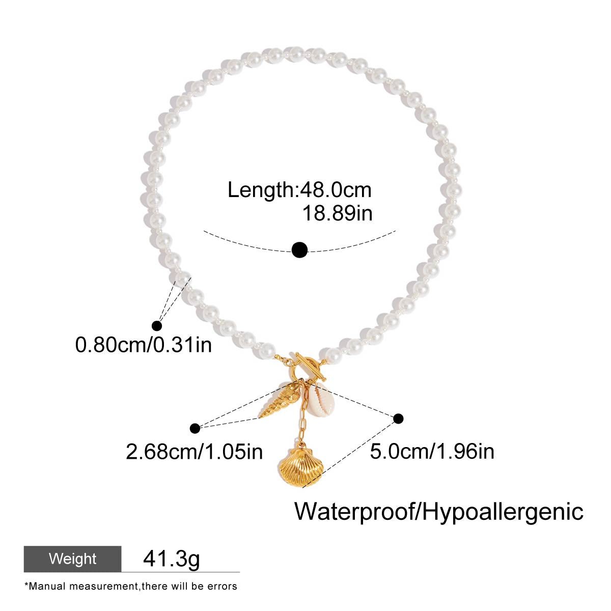 Pearl bracelet with gold charm and measurement details on a white background