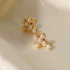 Pearl Cross Stud Earrings - 18k Gold PVD Plated Stainless Steel & Waterproof - Yadman UK