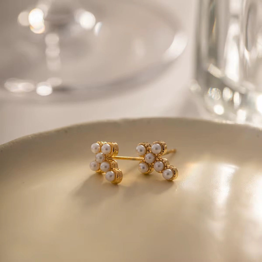 Pearl Cross Stud Earrings - 18k Gold PVD Plated Stainless Steel & Waterproof - Yadman UK