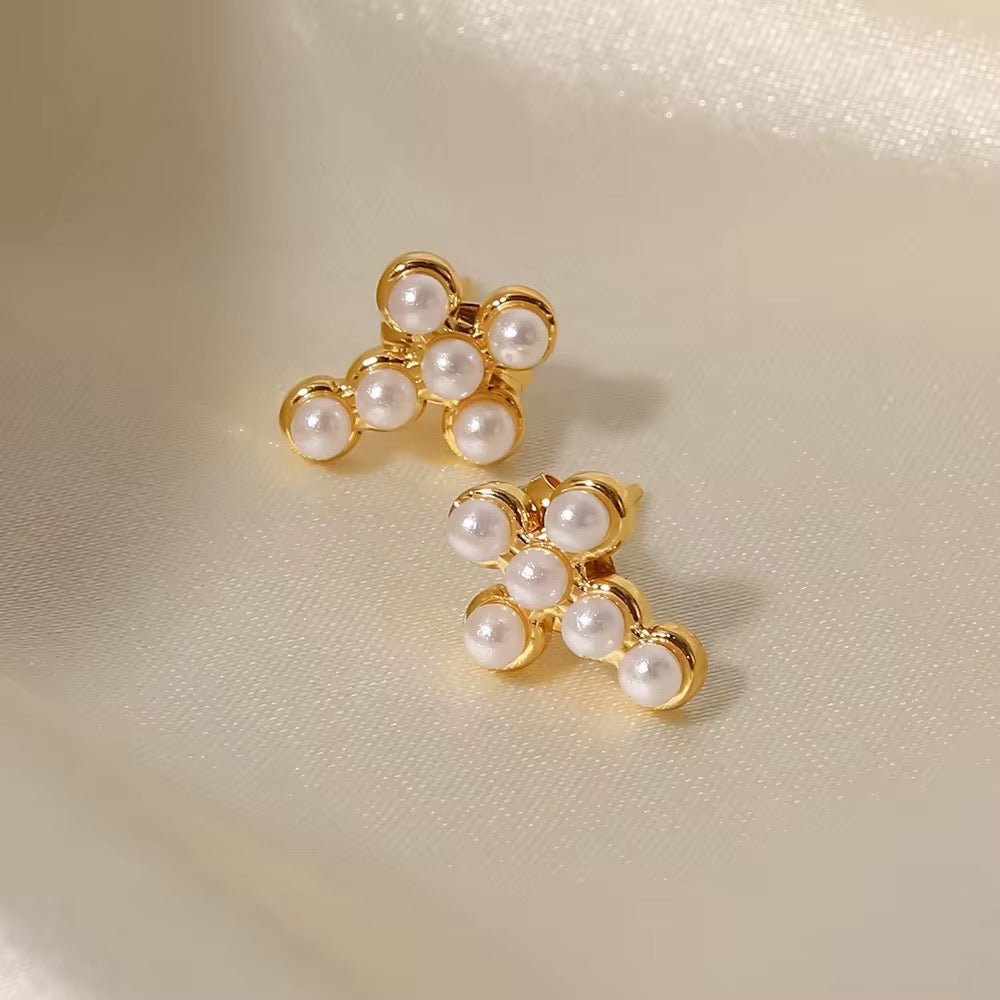 Pearl Cross Stud Earrings - 18k Gold PVD Plated Stainless Steel & Waterproof - Yadman UK