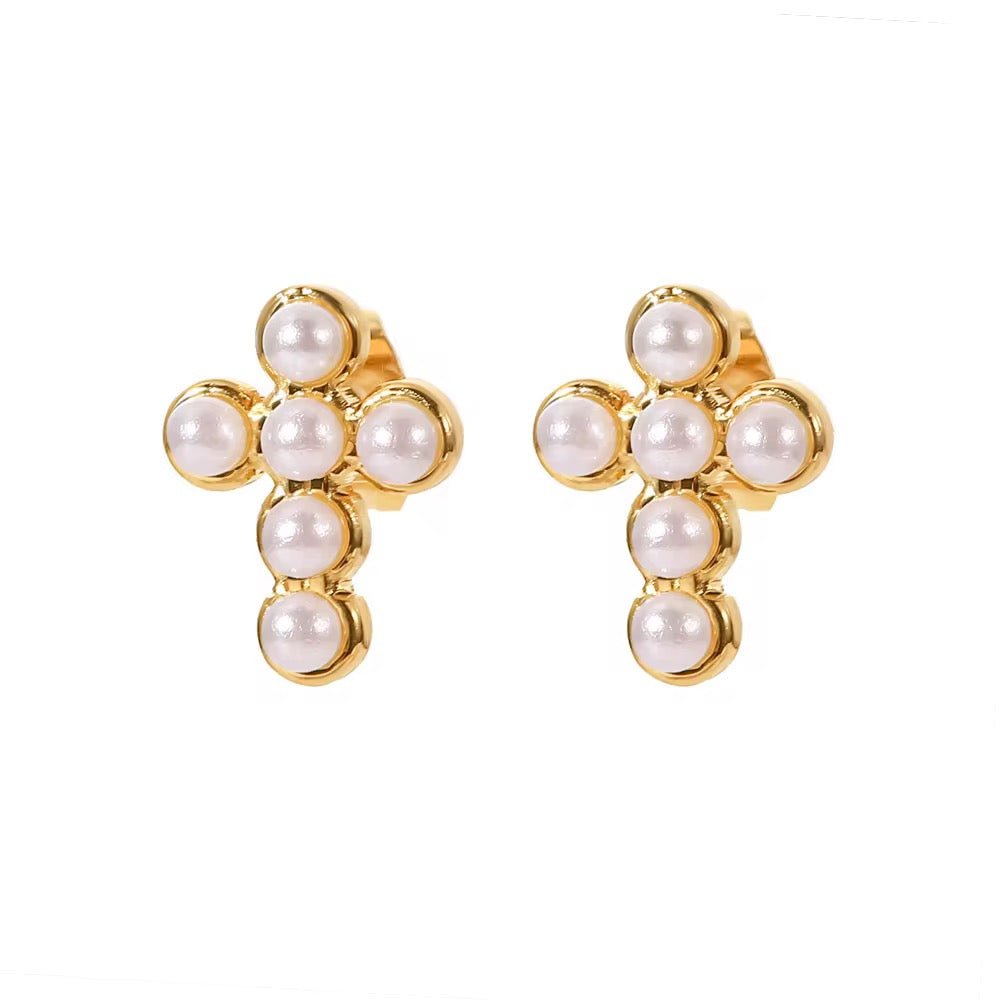 Pearl Cross Stud Earrings - 18k Gold PVD Plated Stainless Steel & Waterproof - Yadman UK
