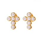 Pearl Cross Stud Earrings - 18k Gold PVD Plated Stainless Steel & Waterproof - Yadman UK