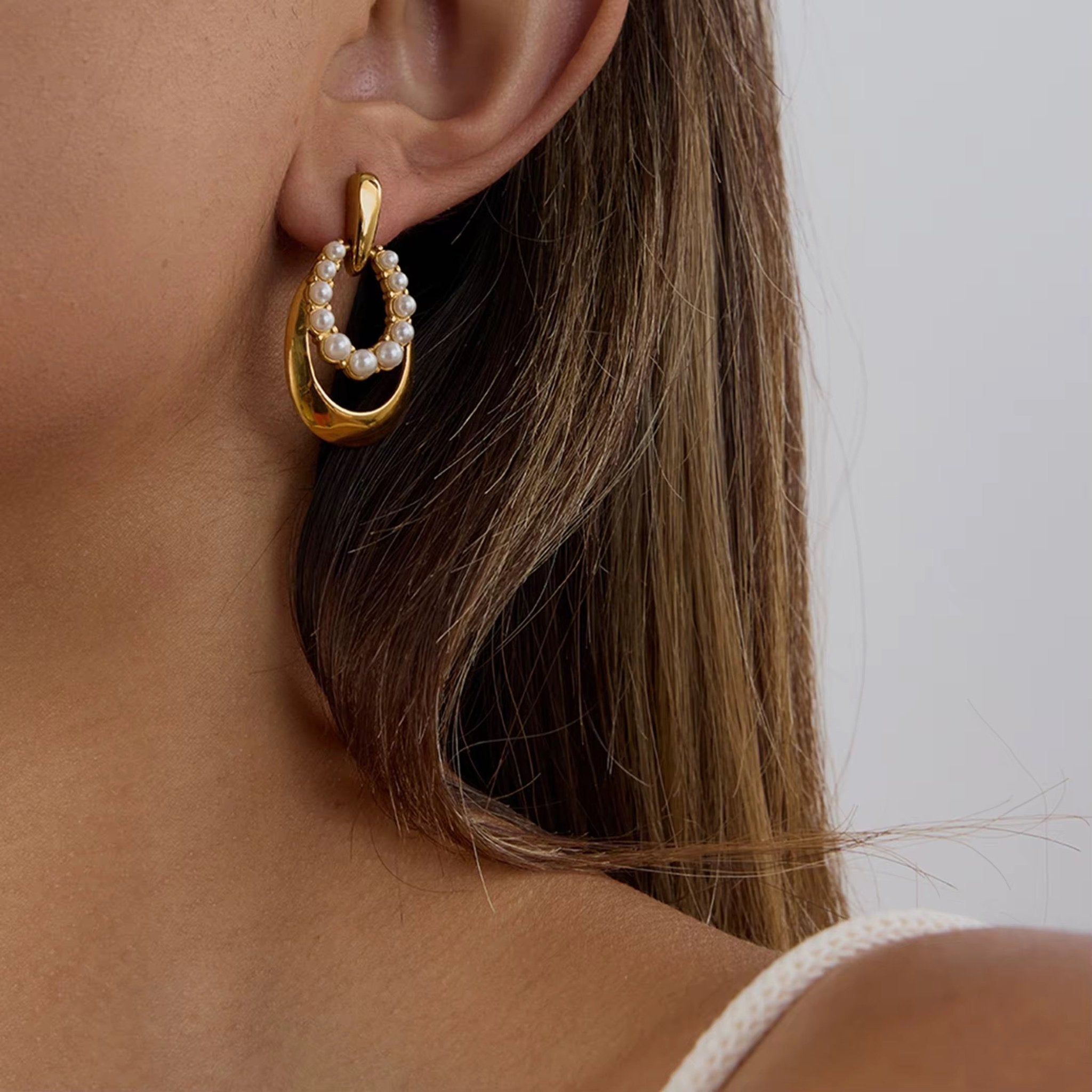 Pearlétique Sculptural Pearl Oval Drop Earrings - 18k Gold PVD Plated Stainless Steel & Waterproof - Yadman UK