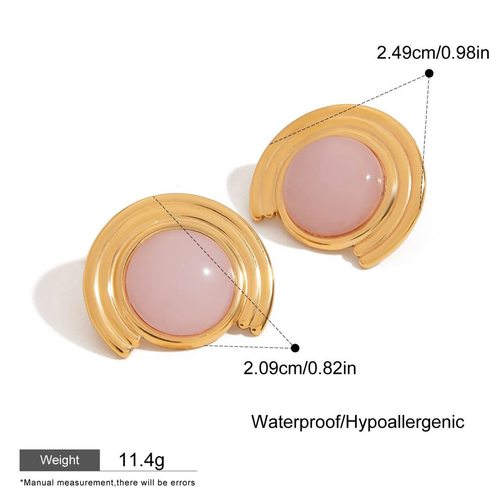Gold and pink cosmetic compact with measurements and product details on a white background