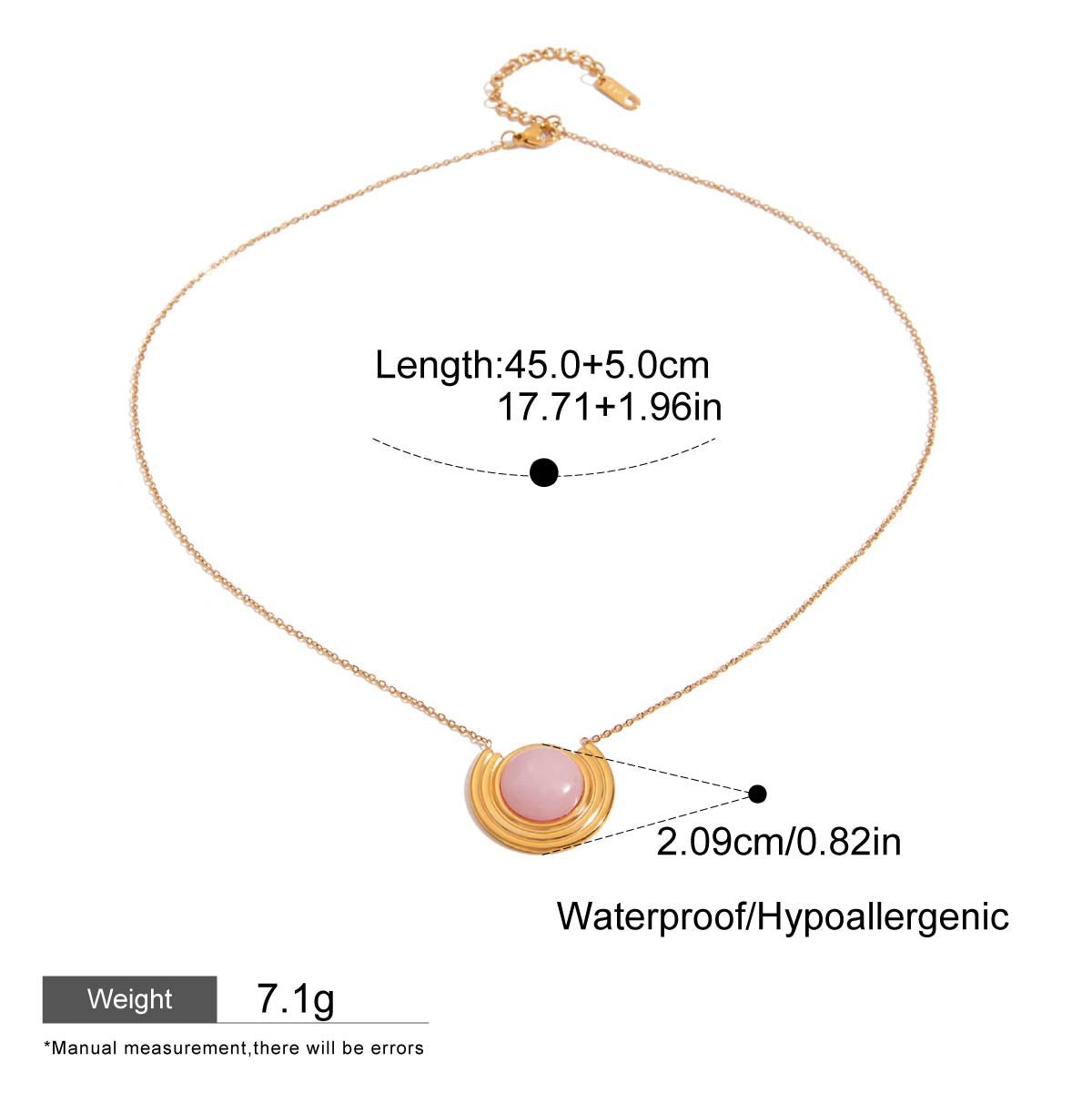 Necklace with pink pendant and gold chain on a white background