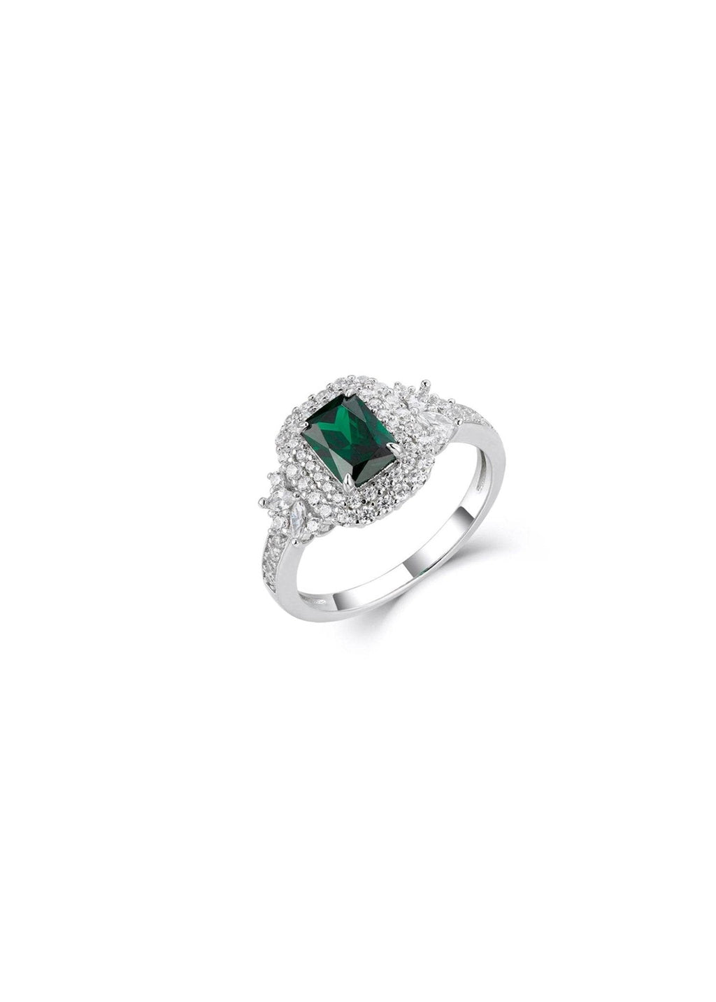 Platinum-plated silver ring with emerald green rectangular zirconia – Zamrud Collection