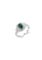Platinum-plated silver ring with emerald green rectangular zirconia – Zamrud Collection
