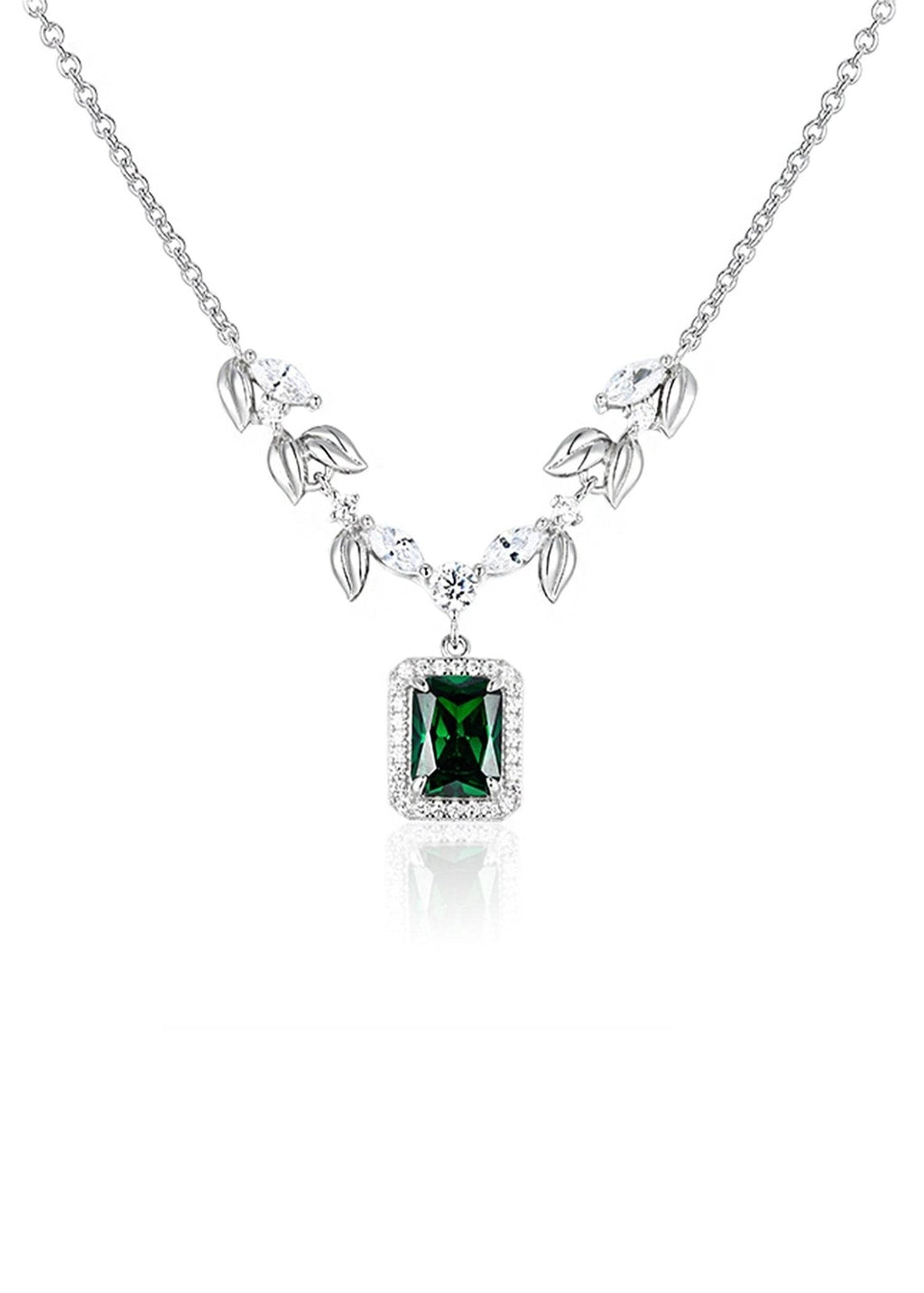 Platinum-plated silver necklace with emerald green rectangular zirconia centerpiece – Zamrud Collection