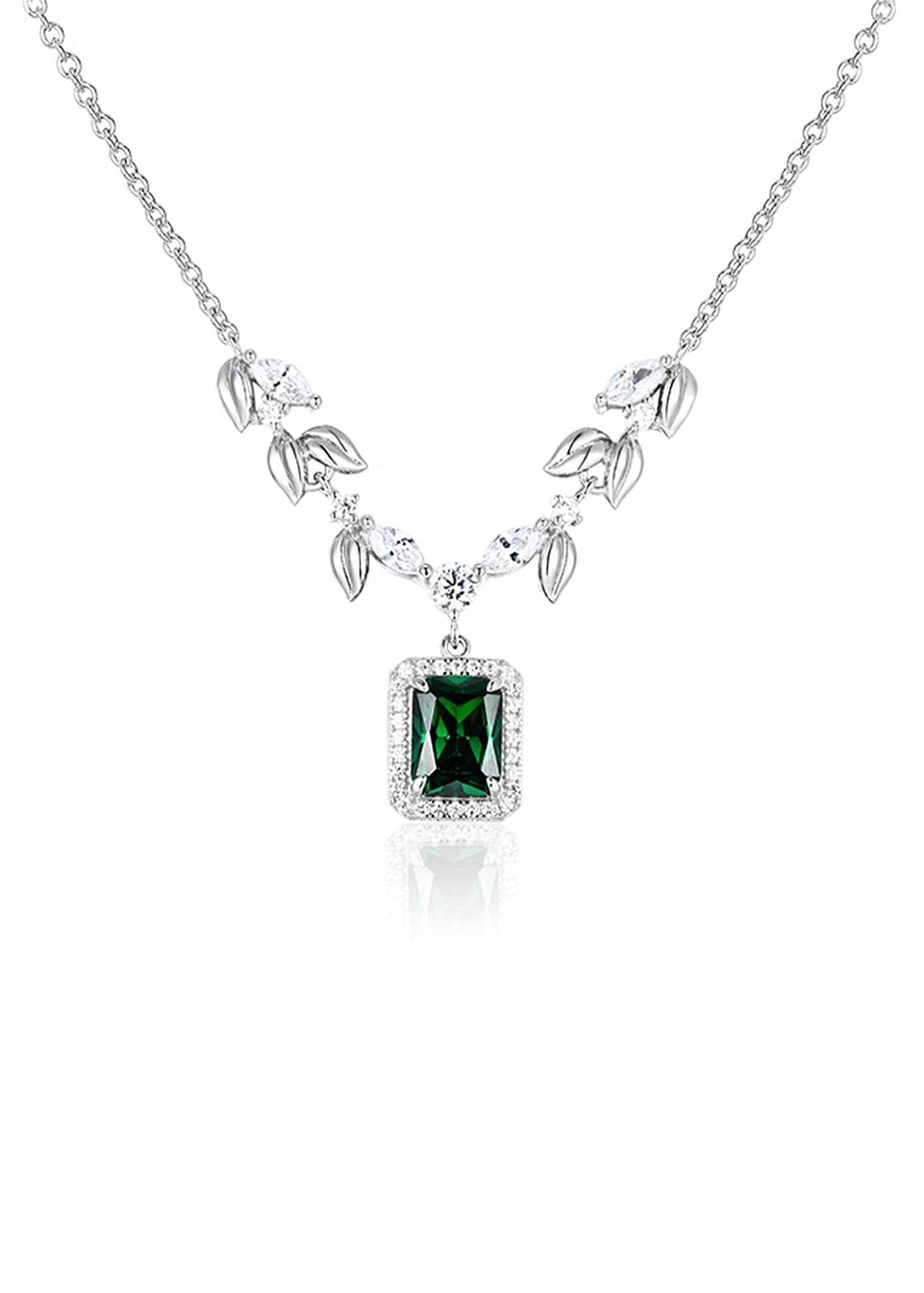 Platinum-plated silver necklace with emerald green rectangular zirconia centerpiece – Zamrud Collection