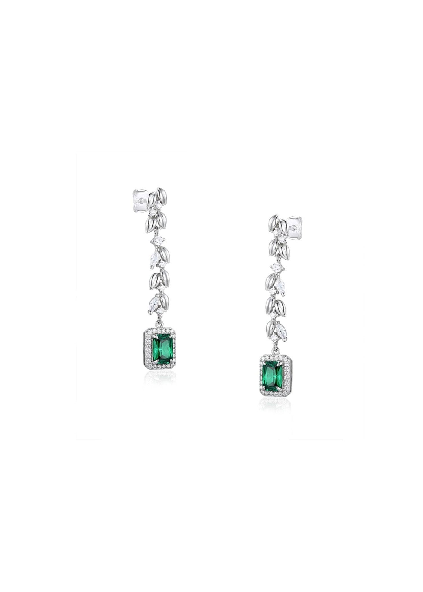 Platinum-plated green zirconia earrings with rectangular gemstone – Zamrud Collection