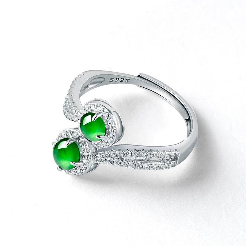 Side view of platinum-plated jade ring with sparkling details