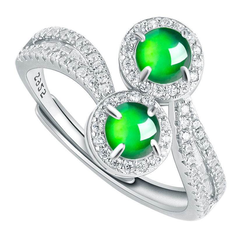 Platinum-plated silver ring with natural green jade and zirconia stones for women