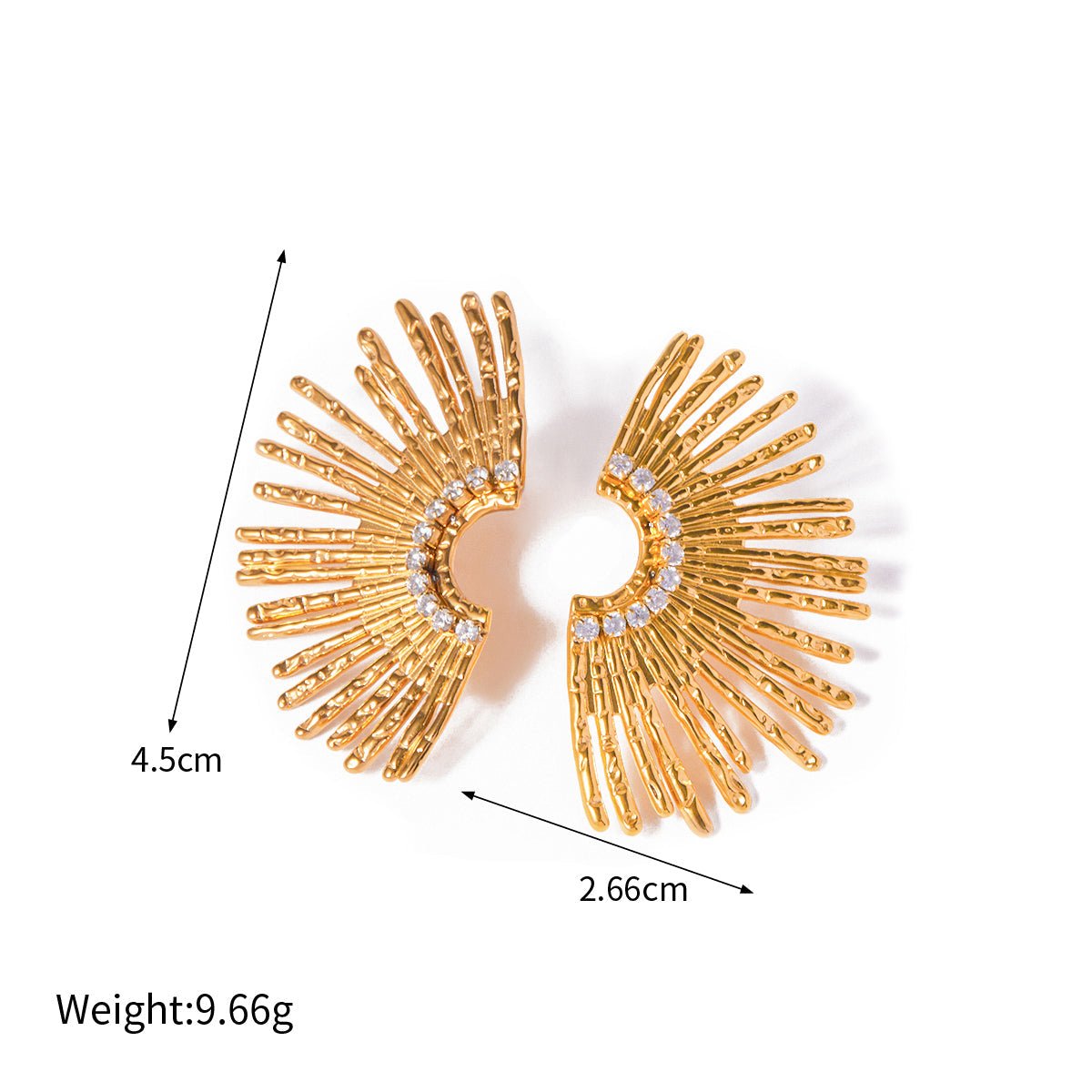Gold earrings with measurements and weight on a white background