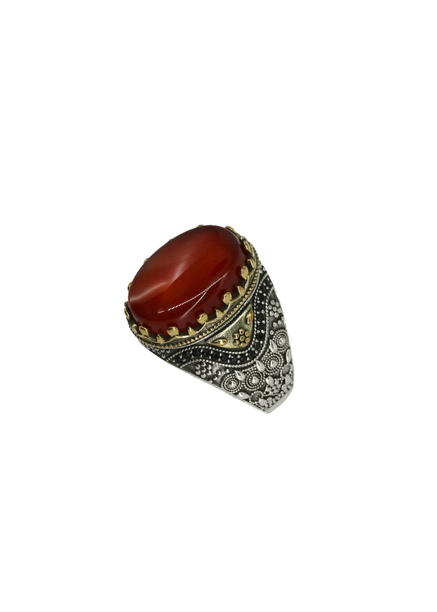 Red agate men’s ring with ornate sterling silver base and golden accents