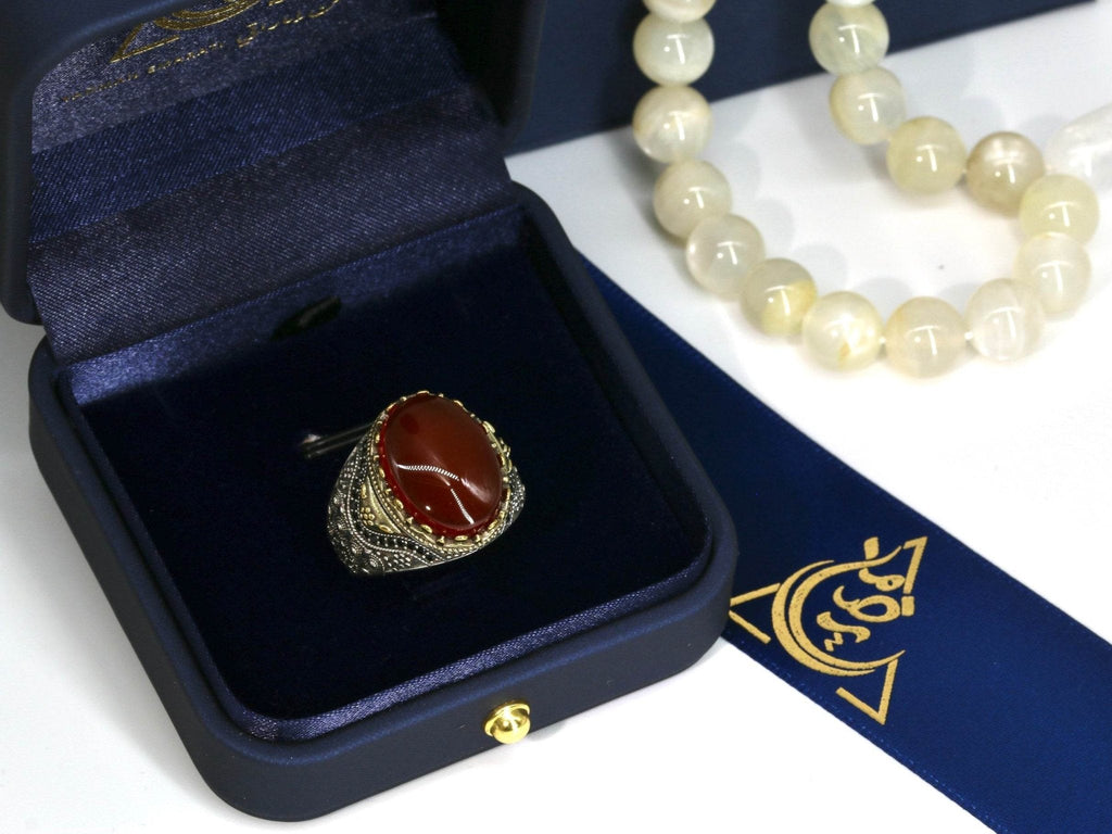 Islamic men’s ring with bold red agate gemstone and silver craftsmanship