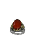 Handcrafted natural red Aqeeq ring with traditional Arabic detailing