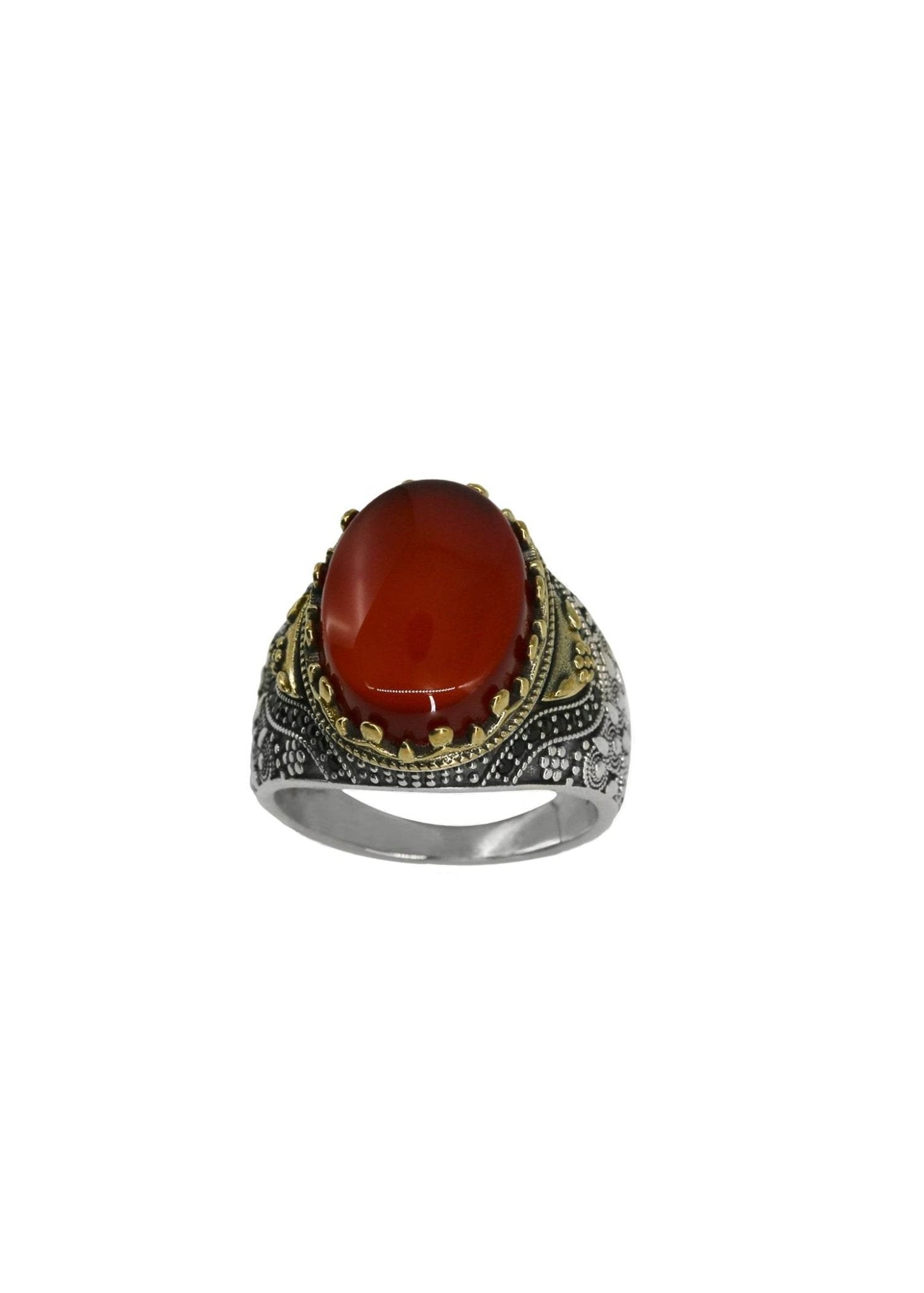 Handcrafted natural red Aqeeq ring with traditional Arabic detailing