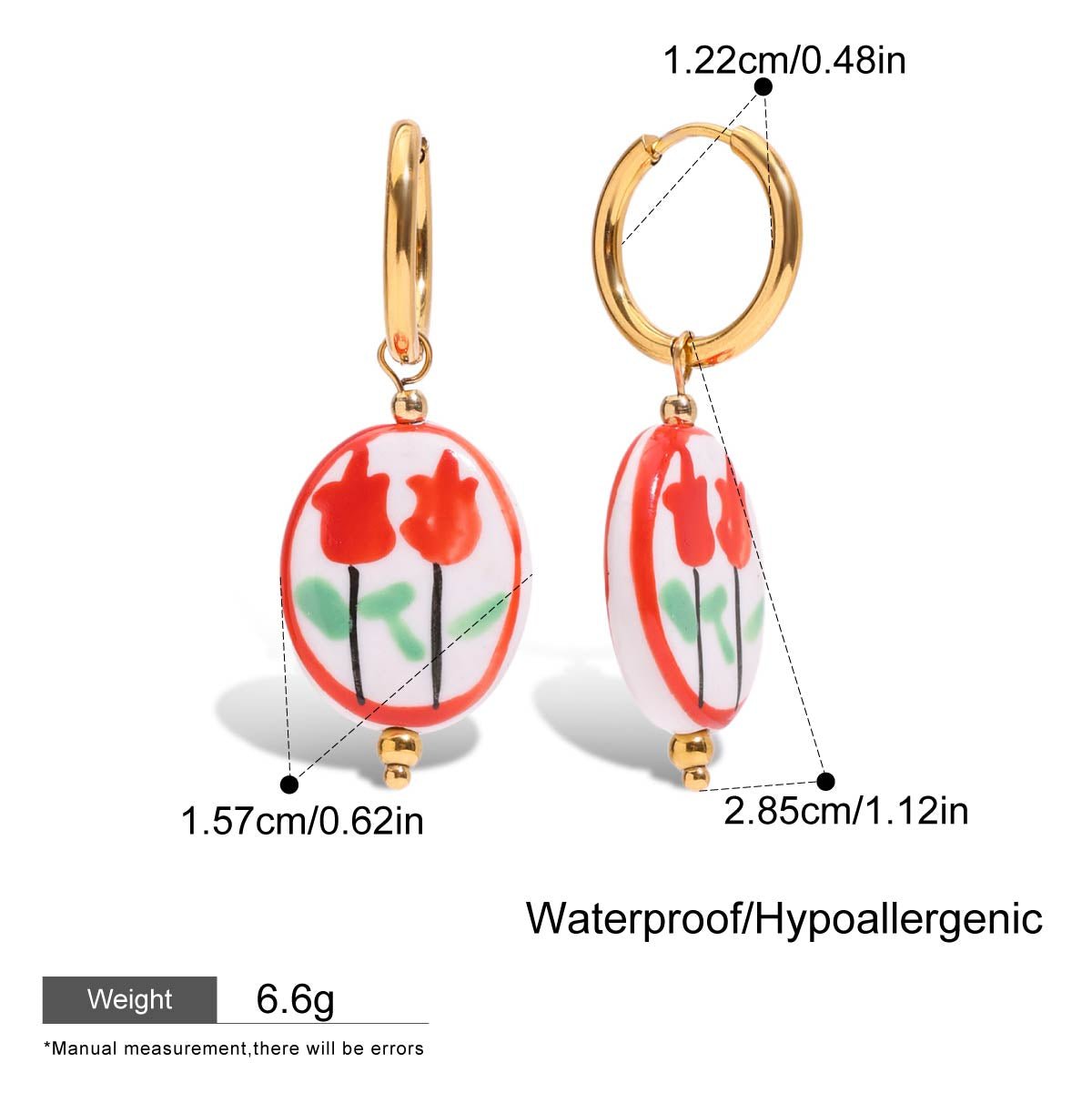 Floral earrings with gold hooks and measurements on a white background