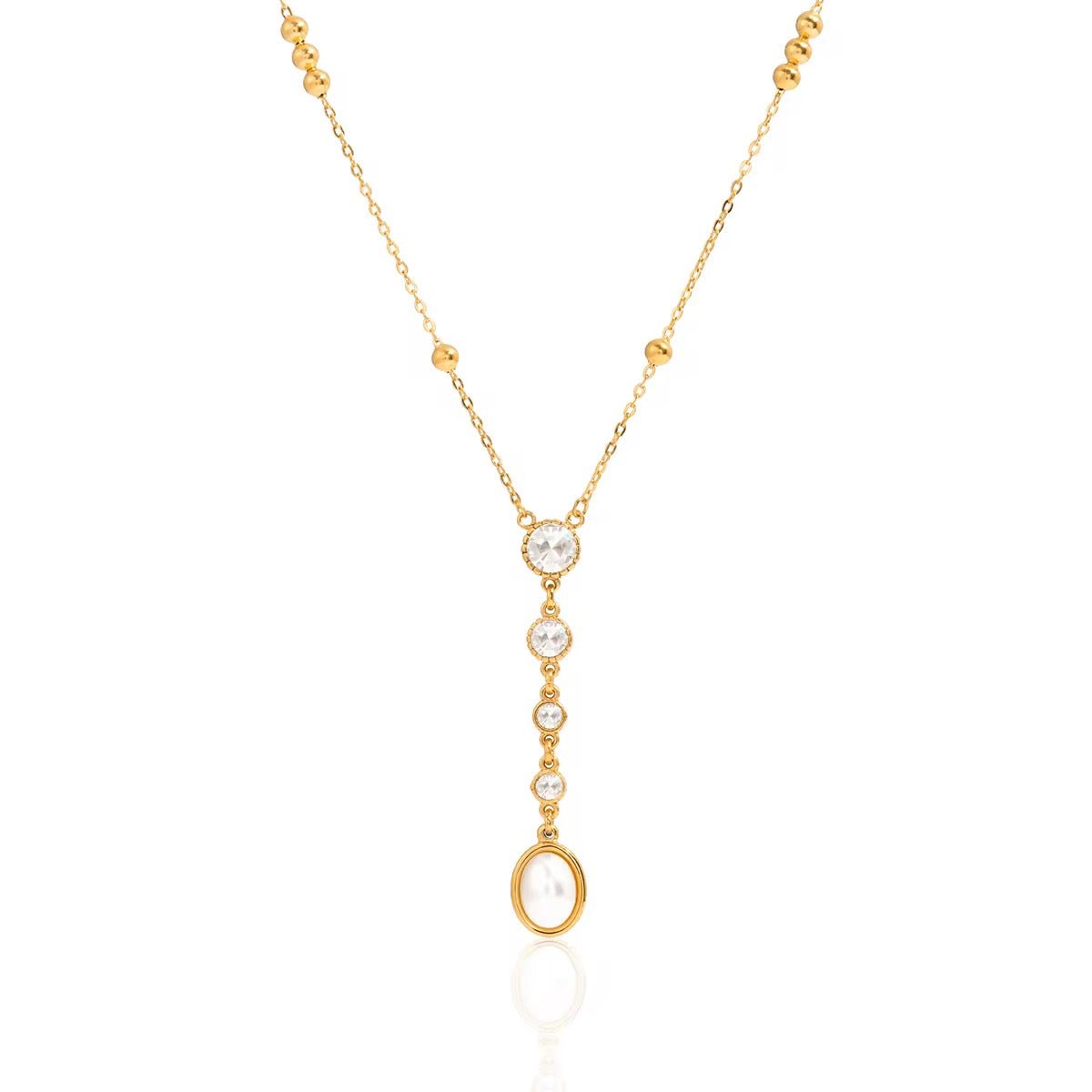 Ritz Cascade Mixed - Cut Crystal & Pearl Lariat Necklace - 18k Gold PVD Plated Stainless Steel & Waterproof - Yadman UK