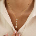 Ritz Cascade Mixed - Cut Crystal & Pearl Lariat Necklace - 18k Gold PVD Plated Stainless Steel & Waterproof - Yadman UK
