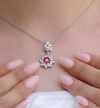 Rhodium-plated silver necklace with red zirconia center