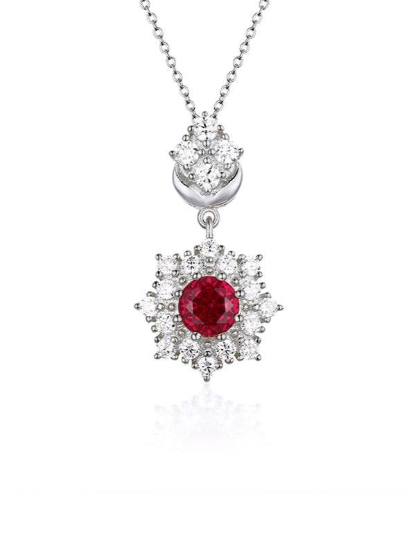 Ruby-cut red zirconia necklace in floral design
