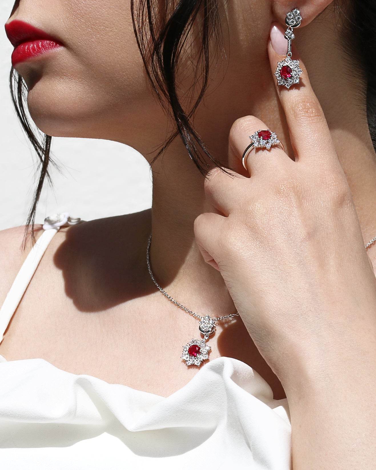 Handmade women’s necklace with ruby zirconia pendant