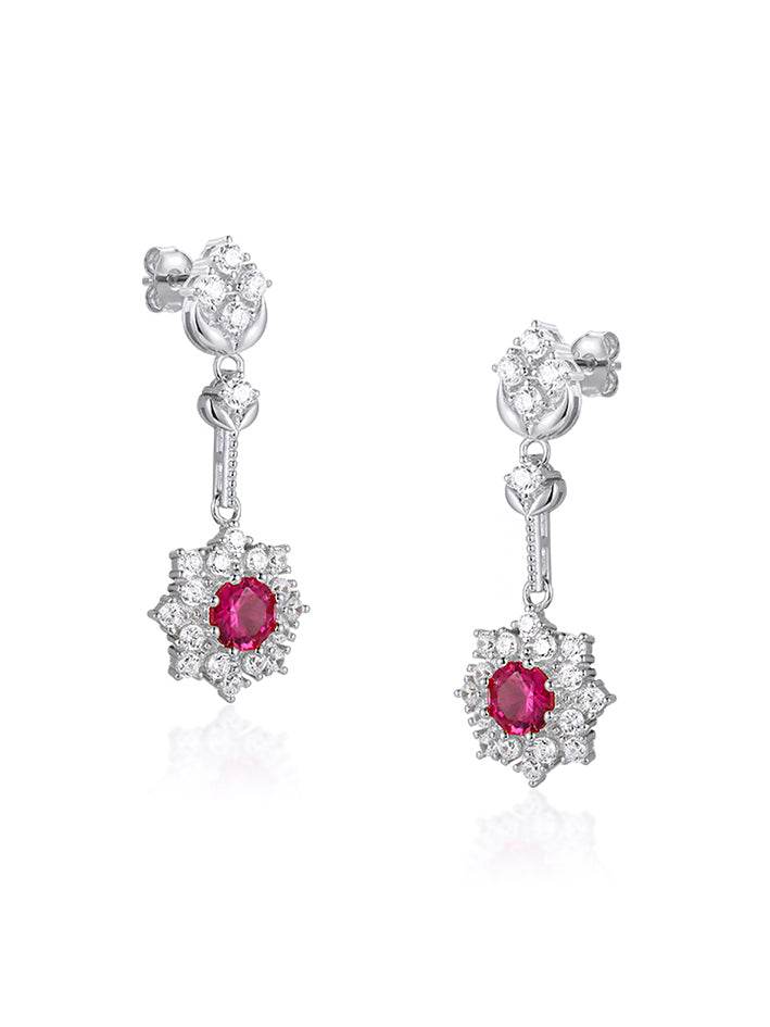 Rhodium-plated silver earrings with ruby-cut red zirconia center