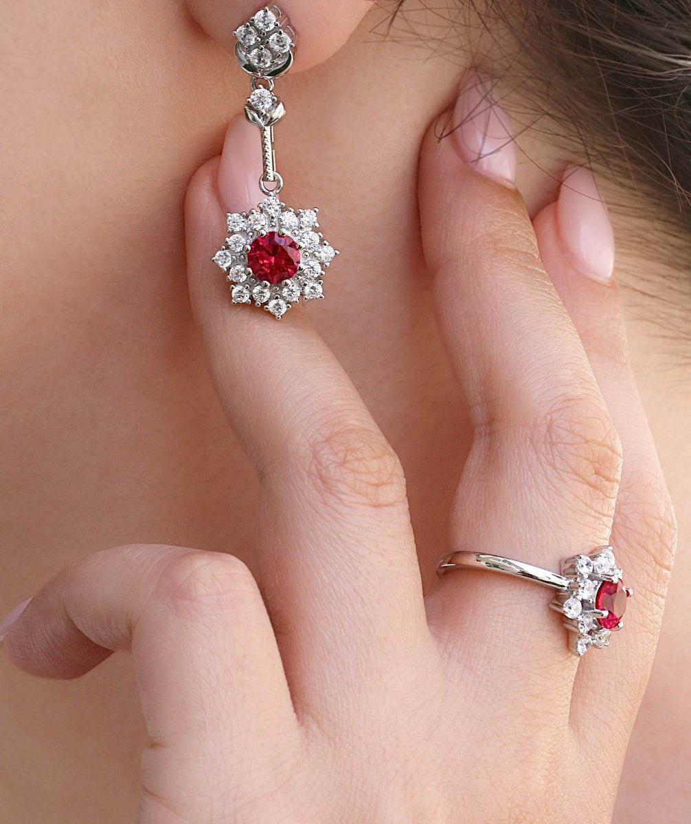  Floral drop earrings with red zirconia stones and white accents
