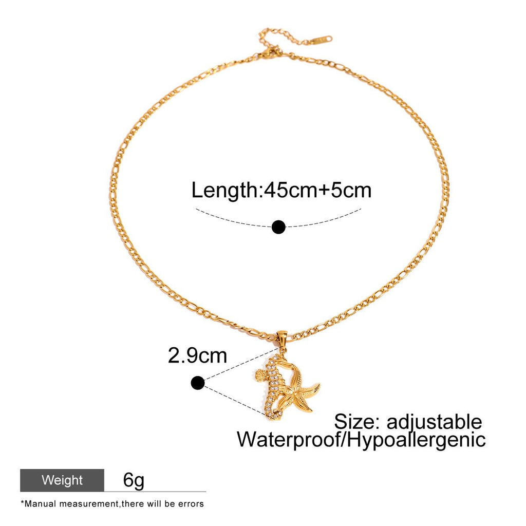 Gold necklace with pendant on a white background, showing measurements and product details.