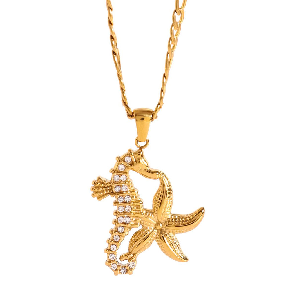 Gold seahorse and starfish pendant on a chain against a white background