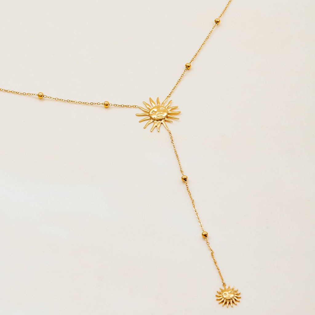 Sun Pendant Lariat Necklace – 18K Gold Plated Y - Chain - Yadman Emarati
