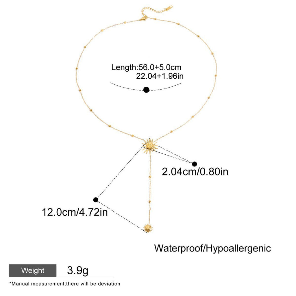 Gold necklace with measurement details on a white background