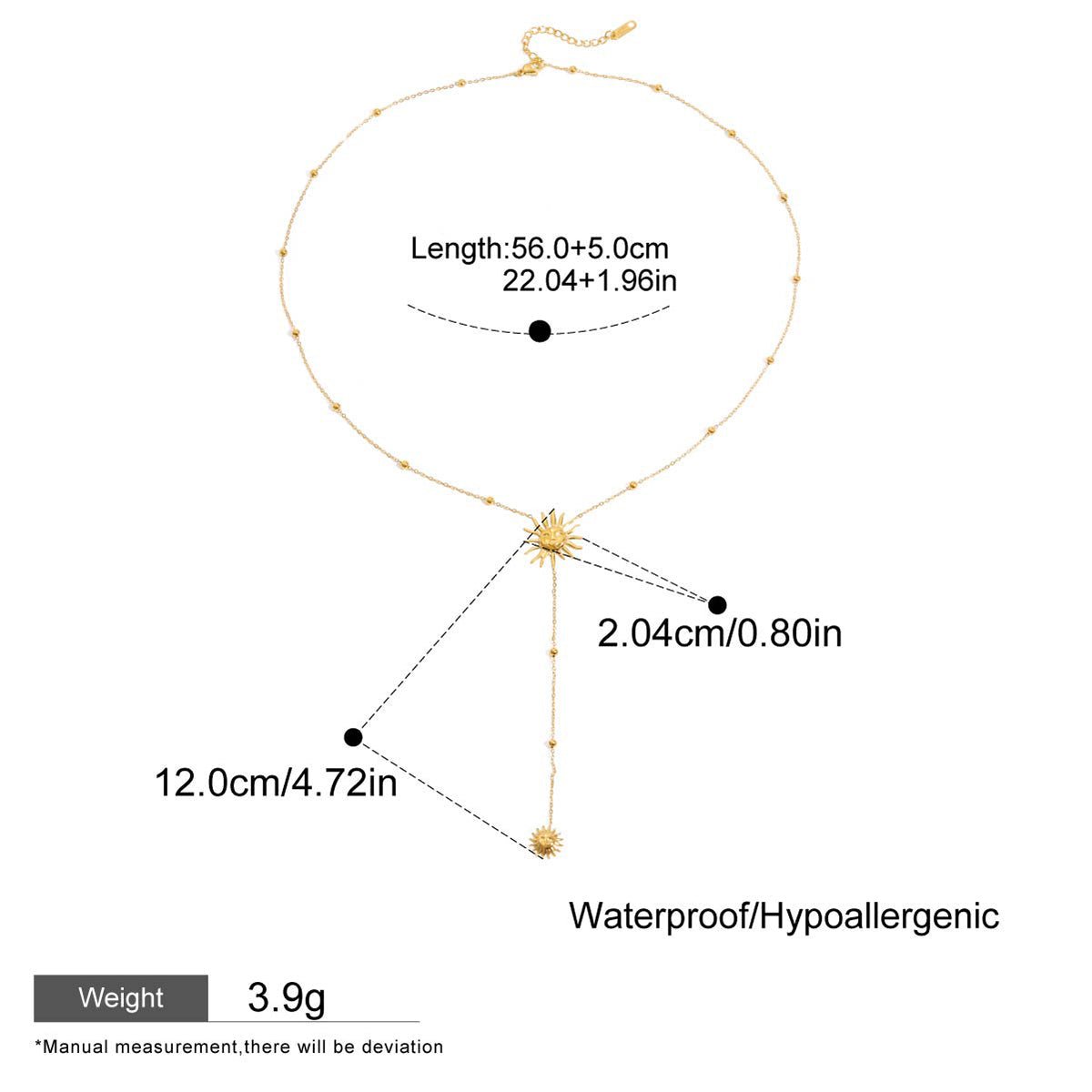 Gold necklace with measurement details on a white background