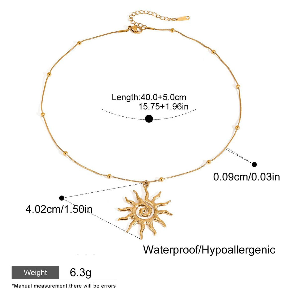 Gold necklace with sun pendant and measurement details on a white background