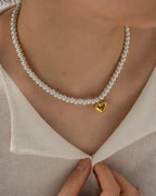 The Pearl Strand Heart Pendant Necklace - 18k Gold PVD Plated Stainless Steel & Waterproof - Yadman UK