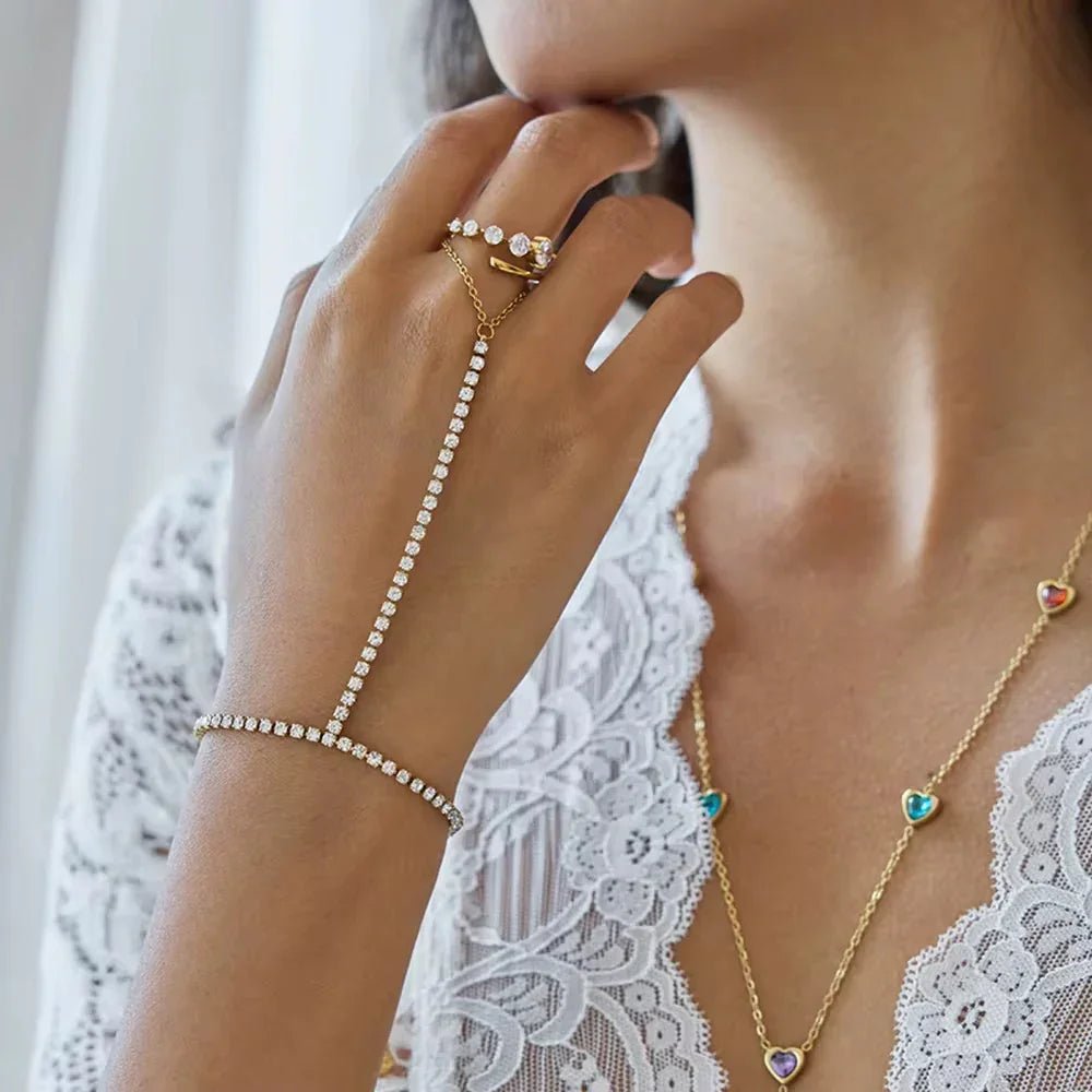 The Tiara Crystal Tennis Hand Chain - 18k Gold PVD Plated Stainless Steel & Waterproof - Yadman UK