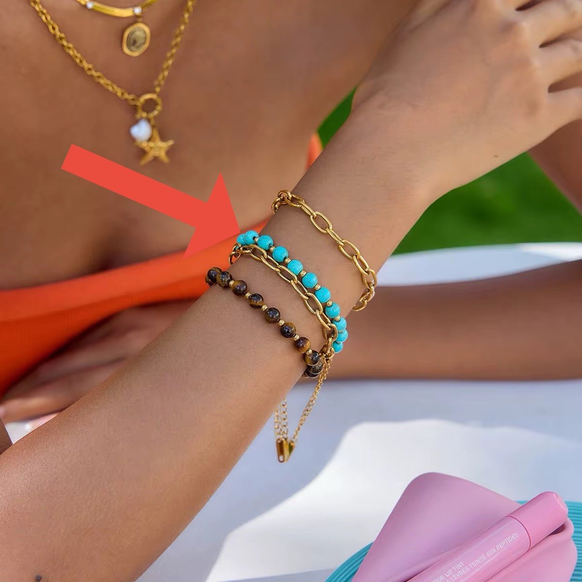 18K Gold Vermeil Bracelet Set with Turquoise Beads