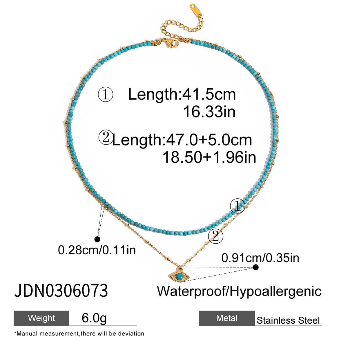 Necklace with measurements and product details on a white background
