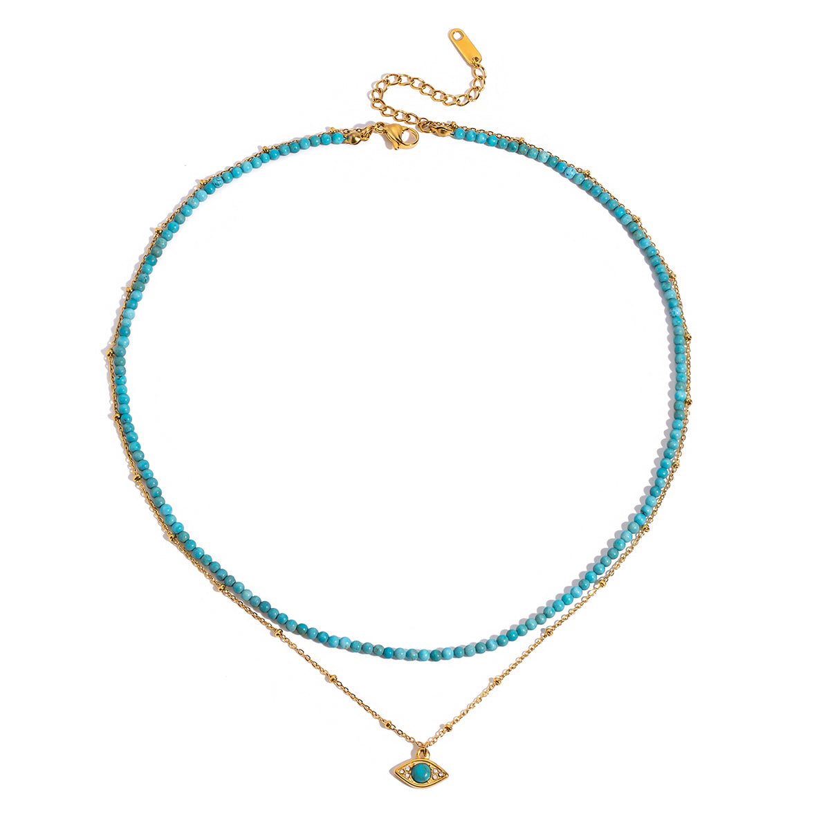 Turquoise beaded necklace with gold chain and eye pendant on a white background