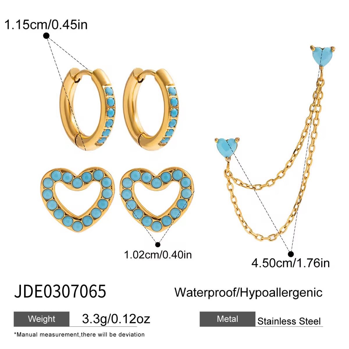 Jewelry set with gold and turquoise earrings and necklace on a white background
