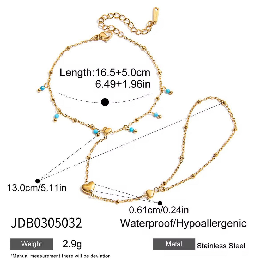 Gold necklace with blue beads and measurements on a white background