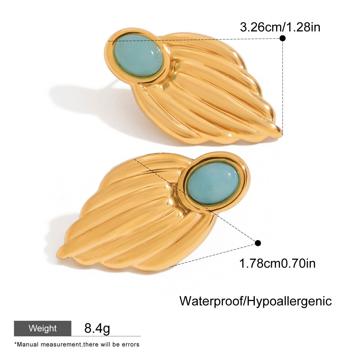 Gold earrings with green gemstones, showing measurements and product details on a white background.
