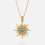 Turquoise Sunburst Celestial Pendant Necklace - 18k Gold PVD Plated Stainless Steel & Waterproof - Yadman UK
