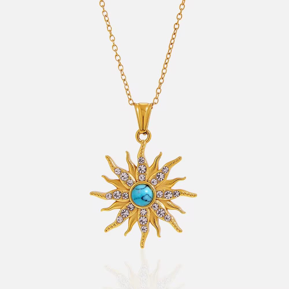 Turquoise Sunburst Celestial Pendant Necklace - 18k Gold PVD Plated Stainless Steel & Waterproof - Yadman UK