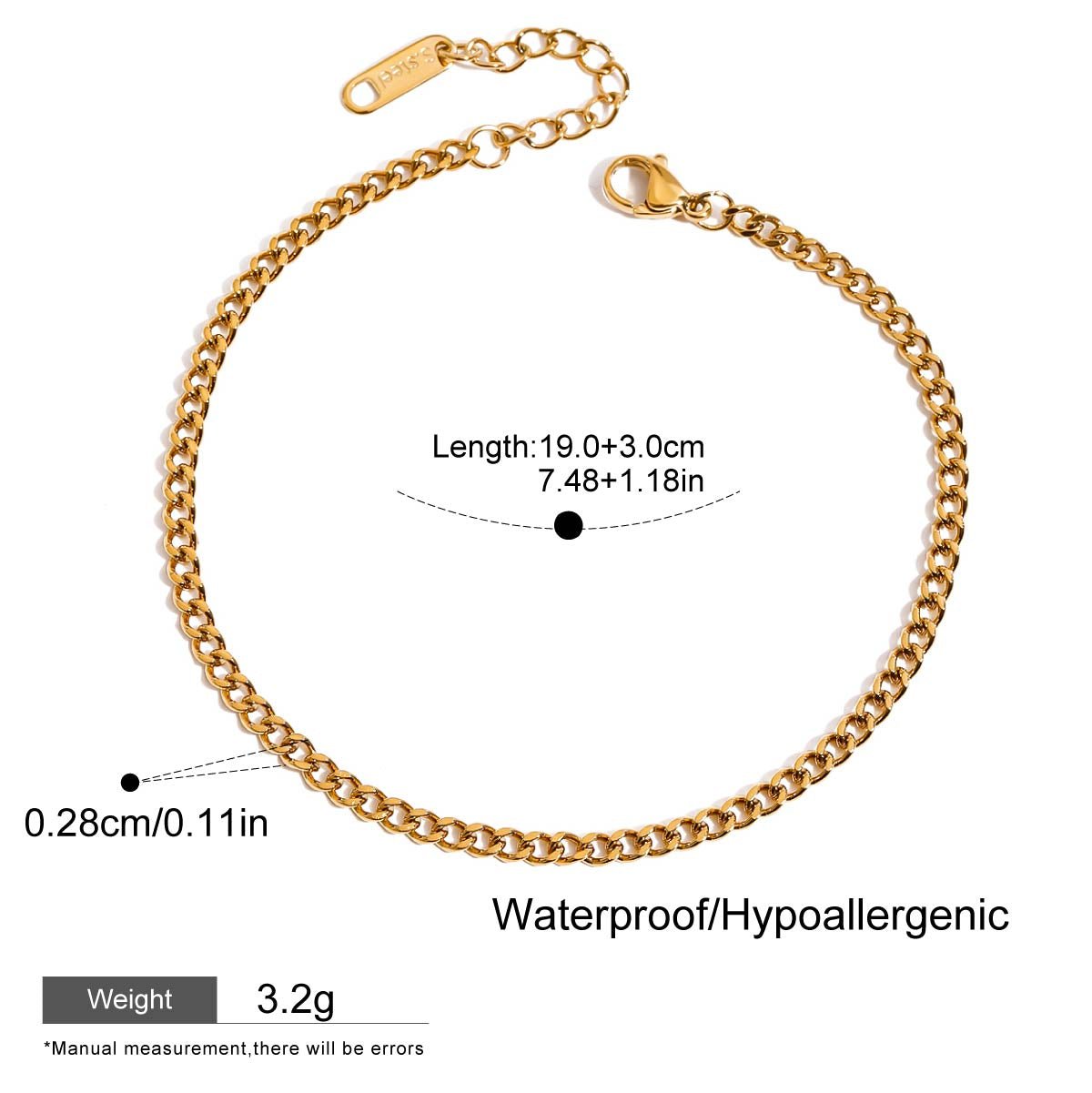 Gold chain bracelet with measurement details on a white background