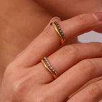 Verdant Emerald & CZ Double Band Ring - 18k Gold PVD Plated Stainless Steel & Waterproof - Yadman UK
